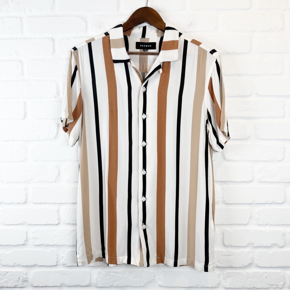 PacSun Jony Resort Short Sleeve Button Down Shirt Retro White Neutral Striped S